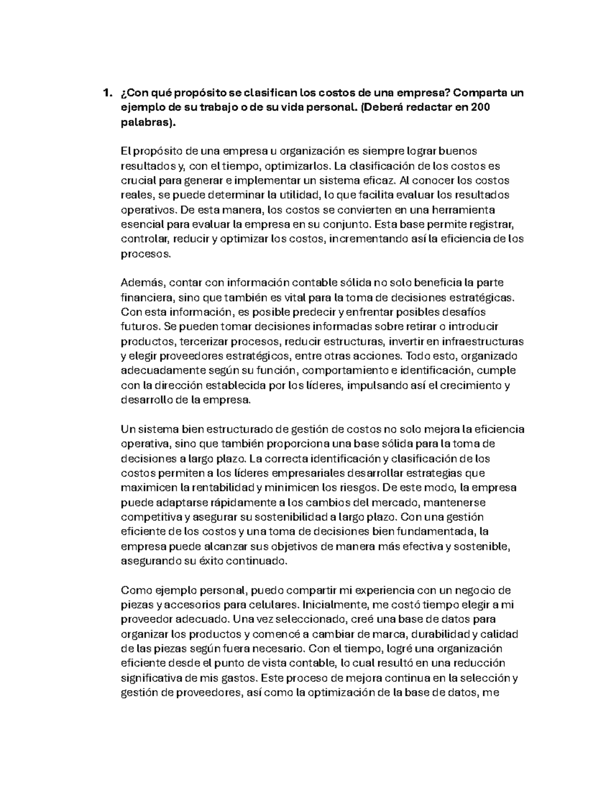 Tarea 1: Clasificación de Costos en Empresas y Ejemplo Personal - Studocu
