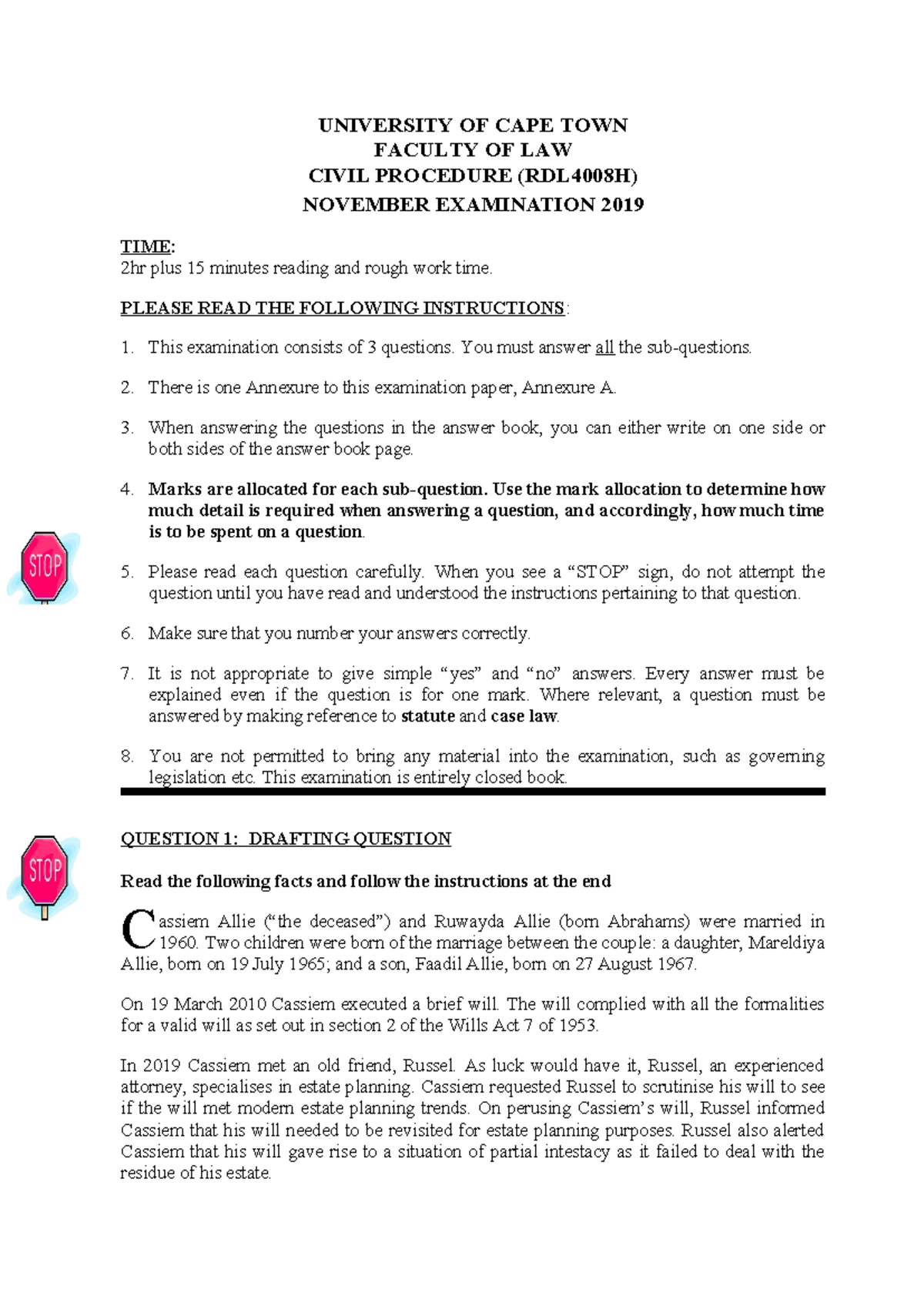 RDL4008H Civil Procedure November 2019 Final Exam Paper - Studocu