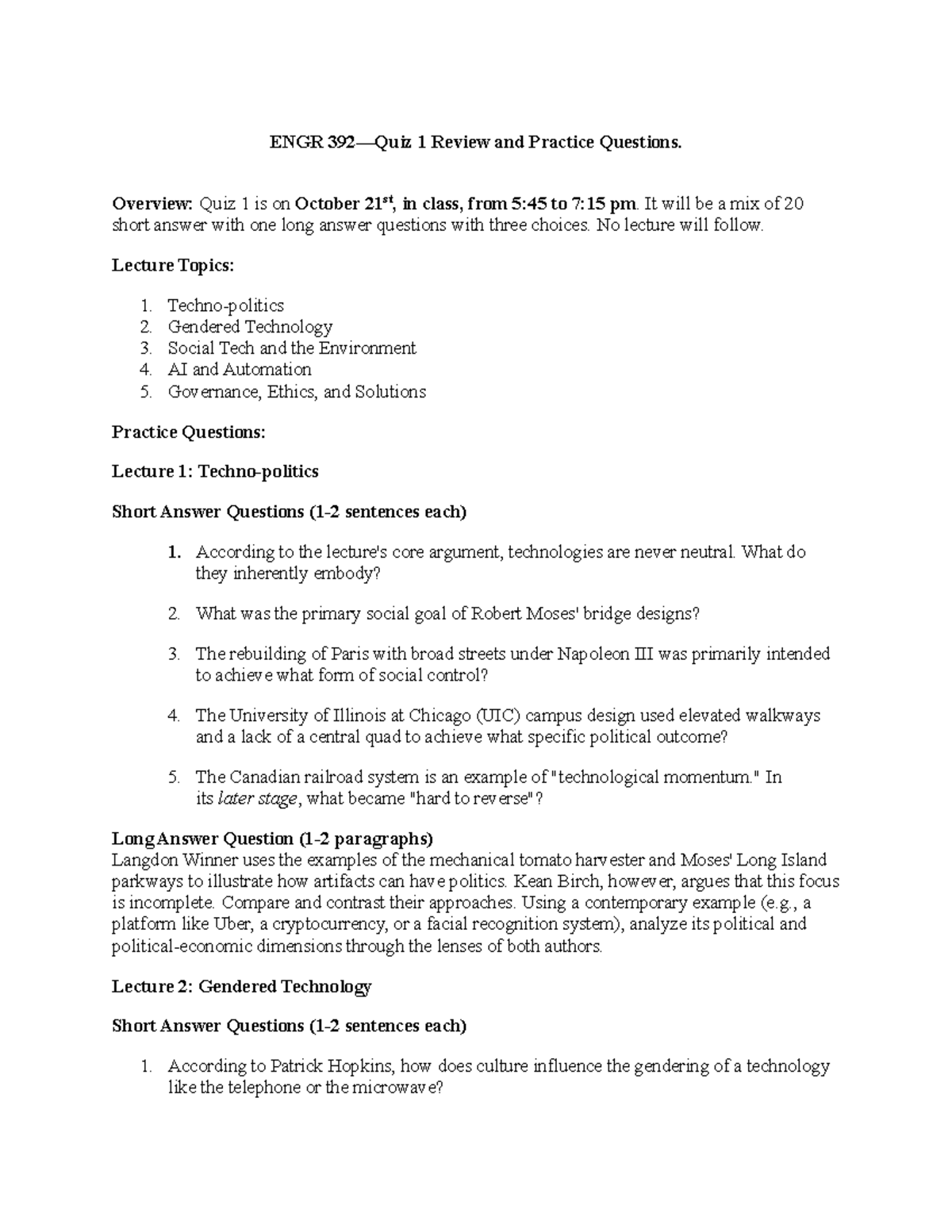 ENGR 392 Quiz 1 Review: Key Topics & Practice Questions - Studocu