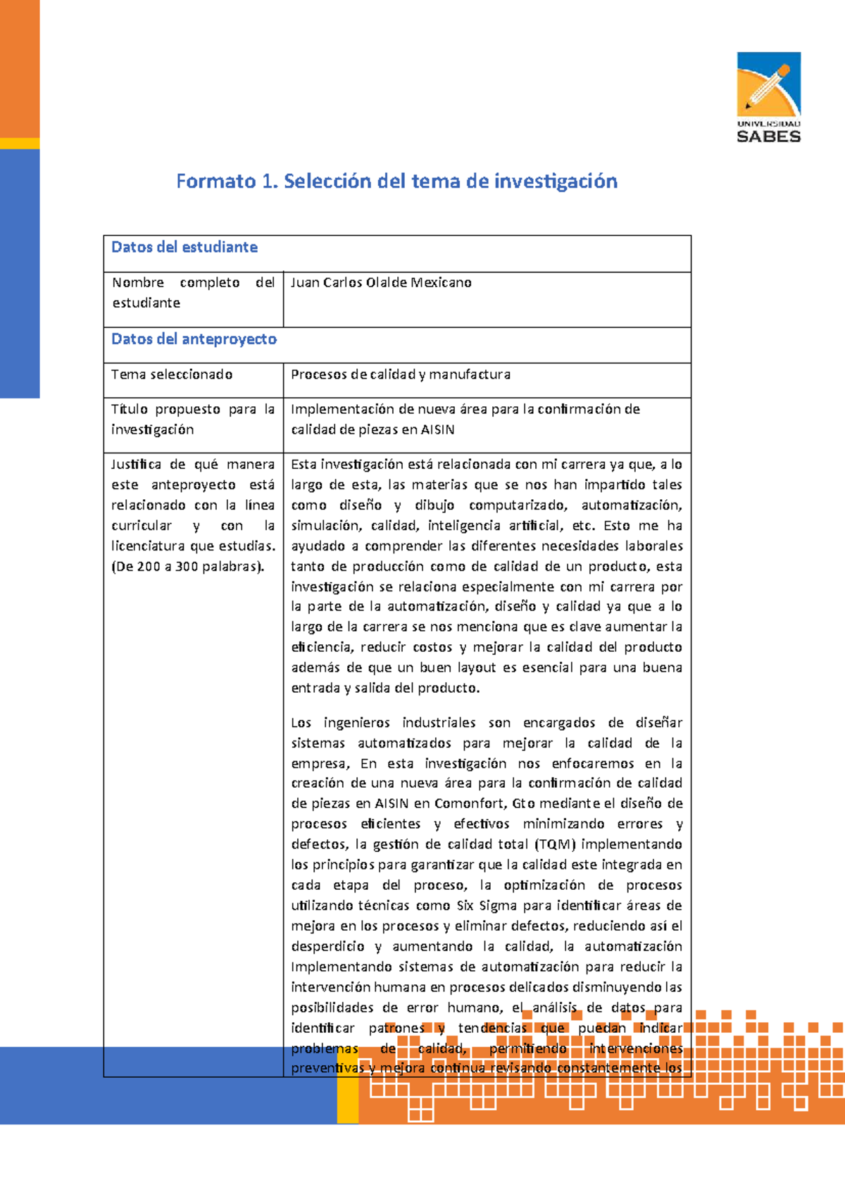 Implementación de Área de Calidad en AISIN - U2003 054 Q0004 - Studocu