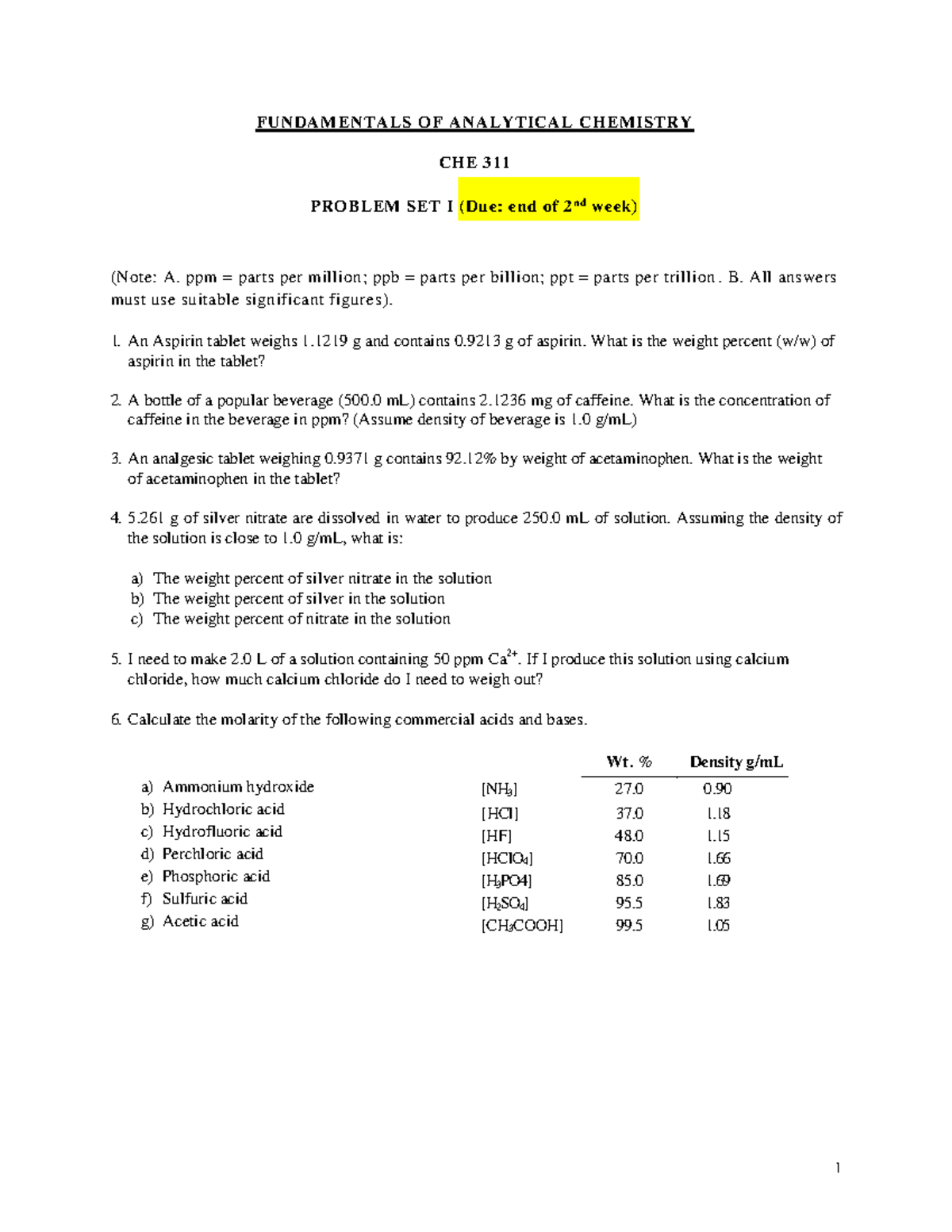 Problem Set I & II Solutions - CHE 311 - Fundamentals of Analytical ...