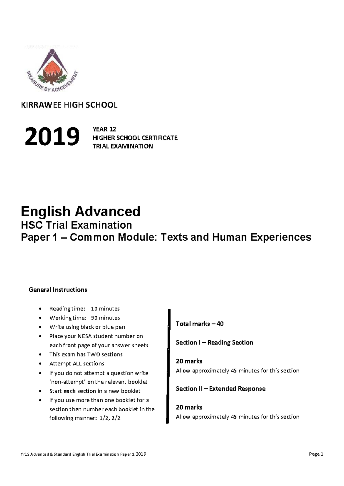 KIRRAWEE HIGH SCHOOL 2019 HSC English Advanced Trial Exam Paper 1 - Studocu