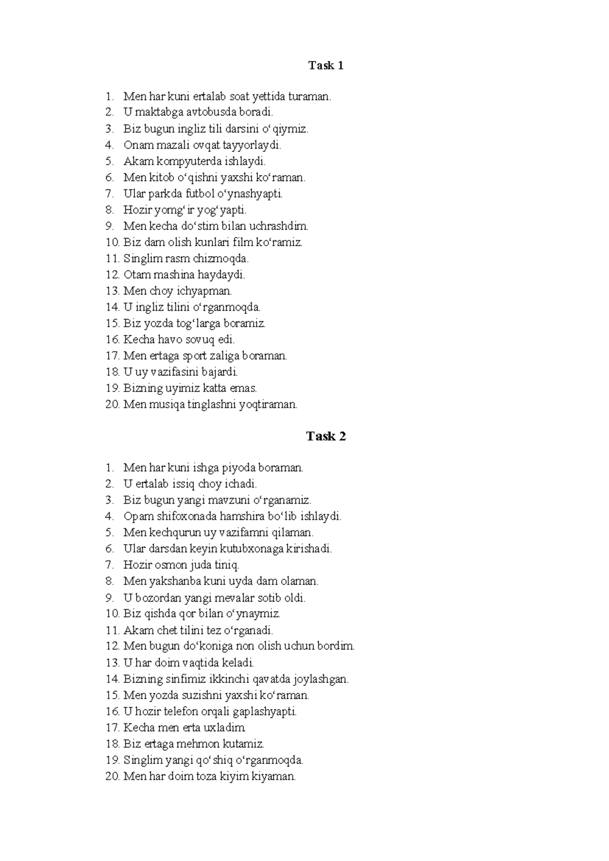 Task 1 - Daily Activities in Uzbek Language - Studocu