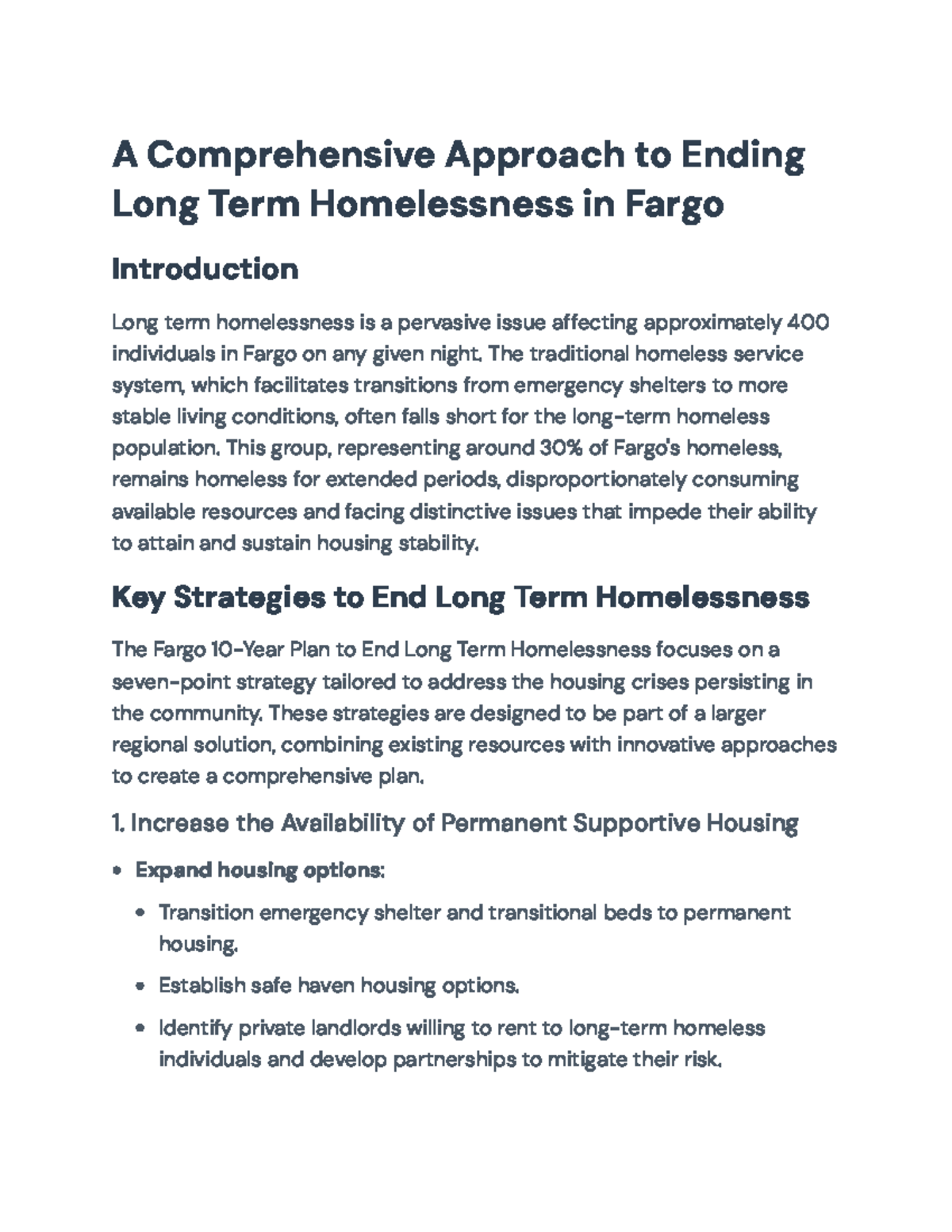 Fargo 10-Year Plan to End Long Term Homelessness: A Comprehensive ...