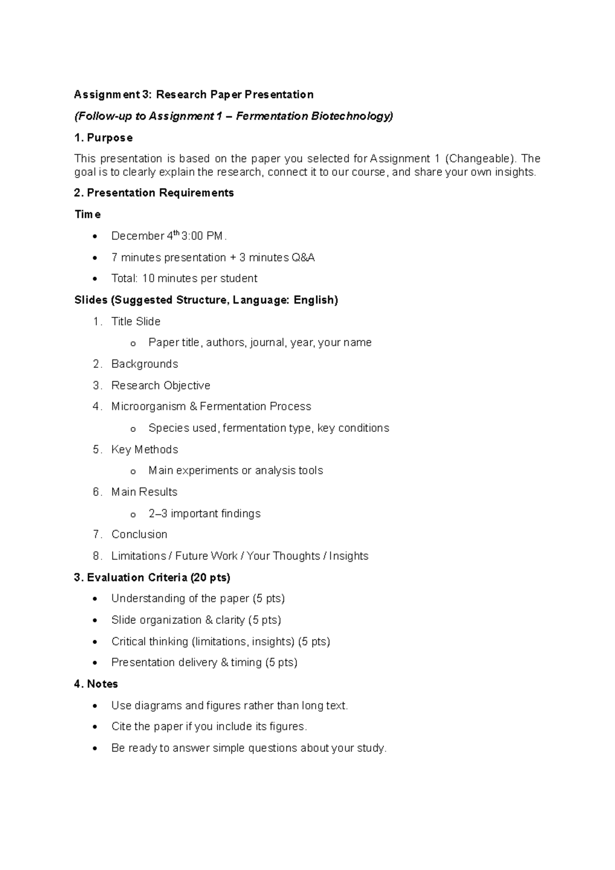 Assignment 3: Research Paper Presentation in Fermentation Biotech - Studocu