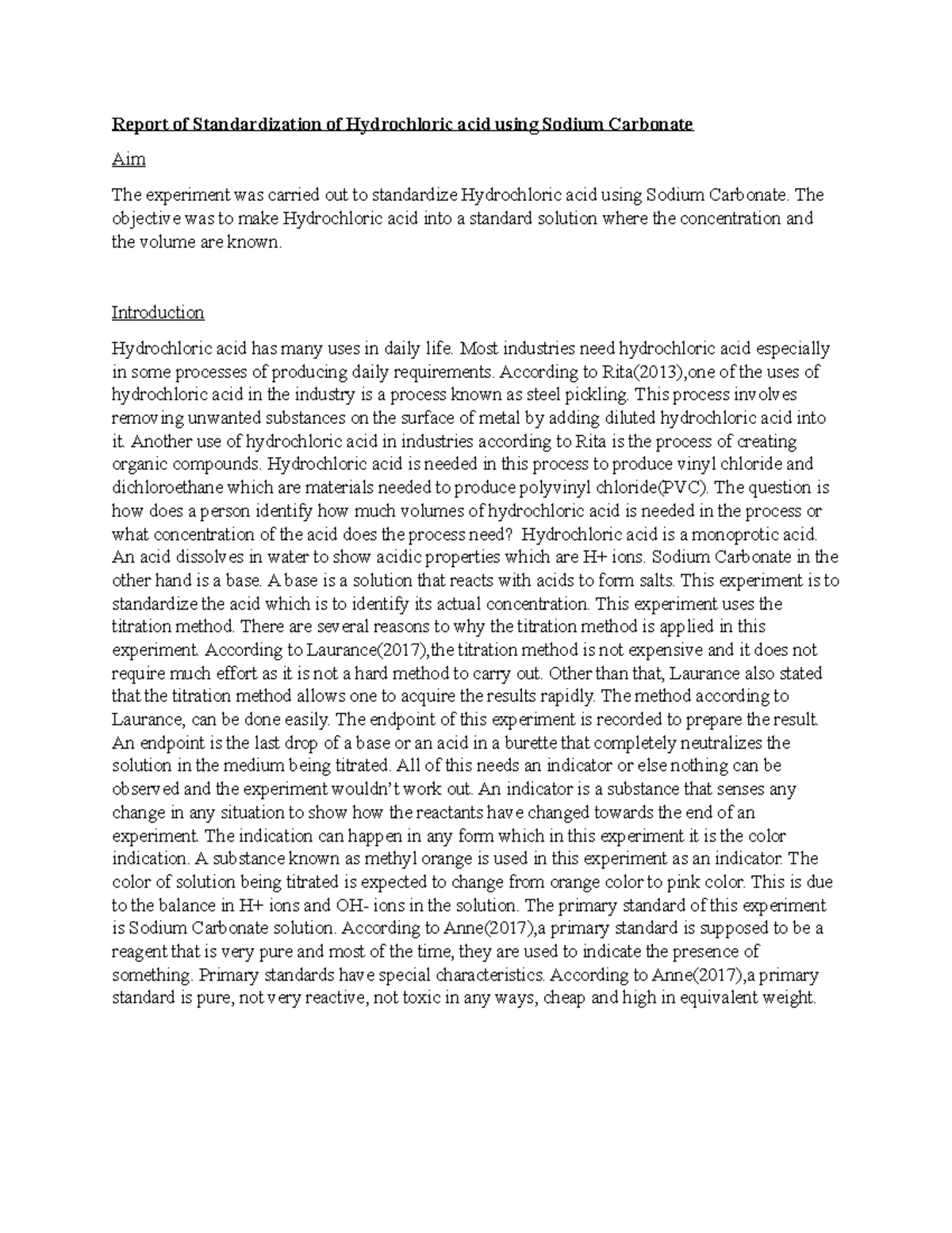 Lab Report: Standardization of HCl Using Na2CO3 Titration Experiment ...