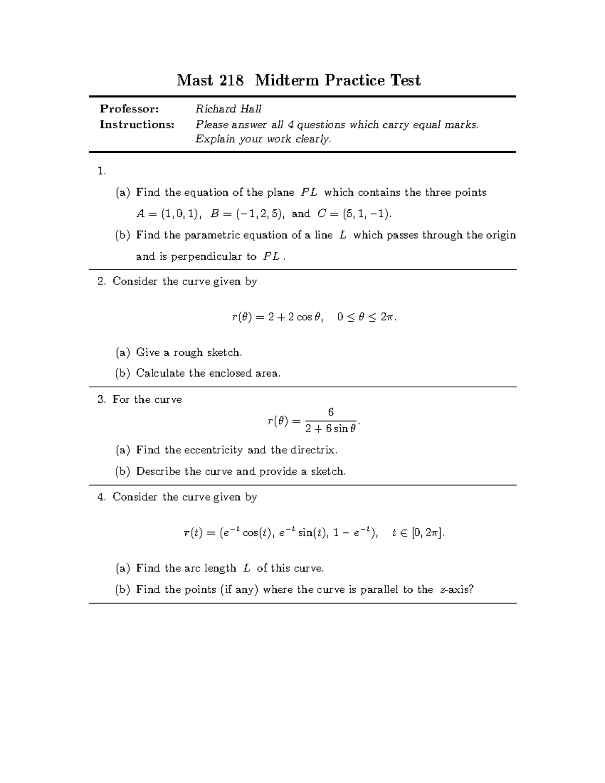 Mast 218 Midterm Practice Test: Geometry and Curves Analysis - Studocu