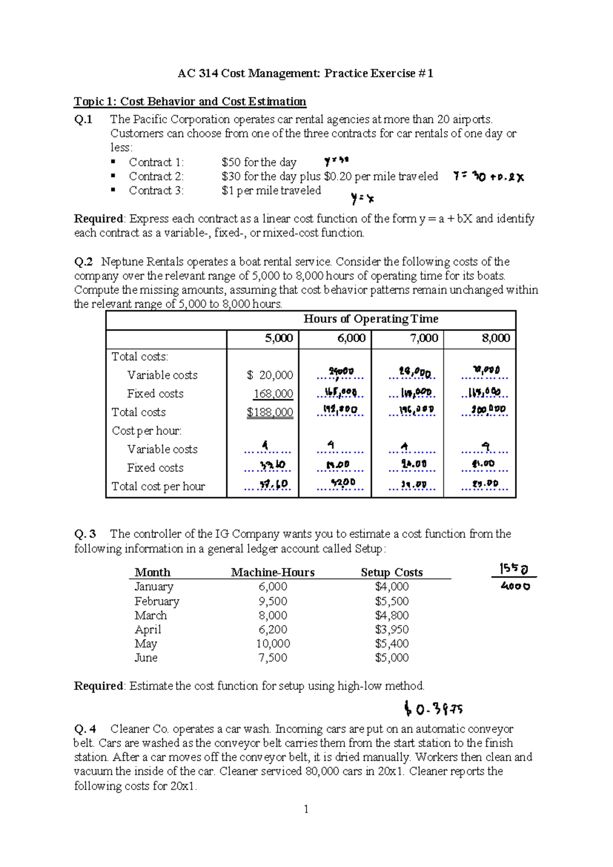 AC 314 Cost Management: Practice Exercise 1 on Cost Behavior ...