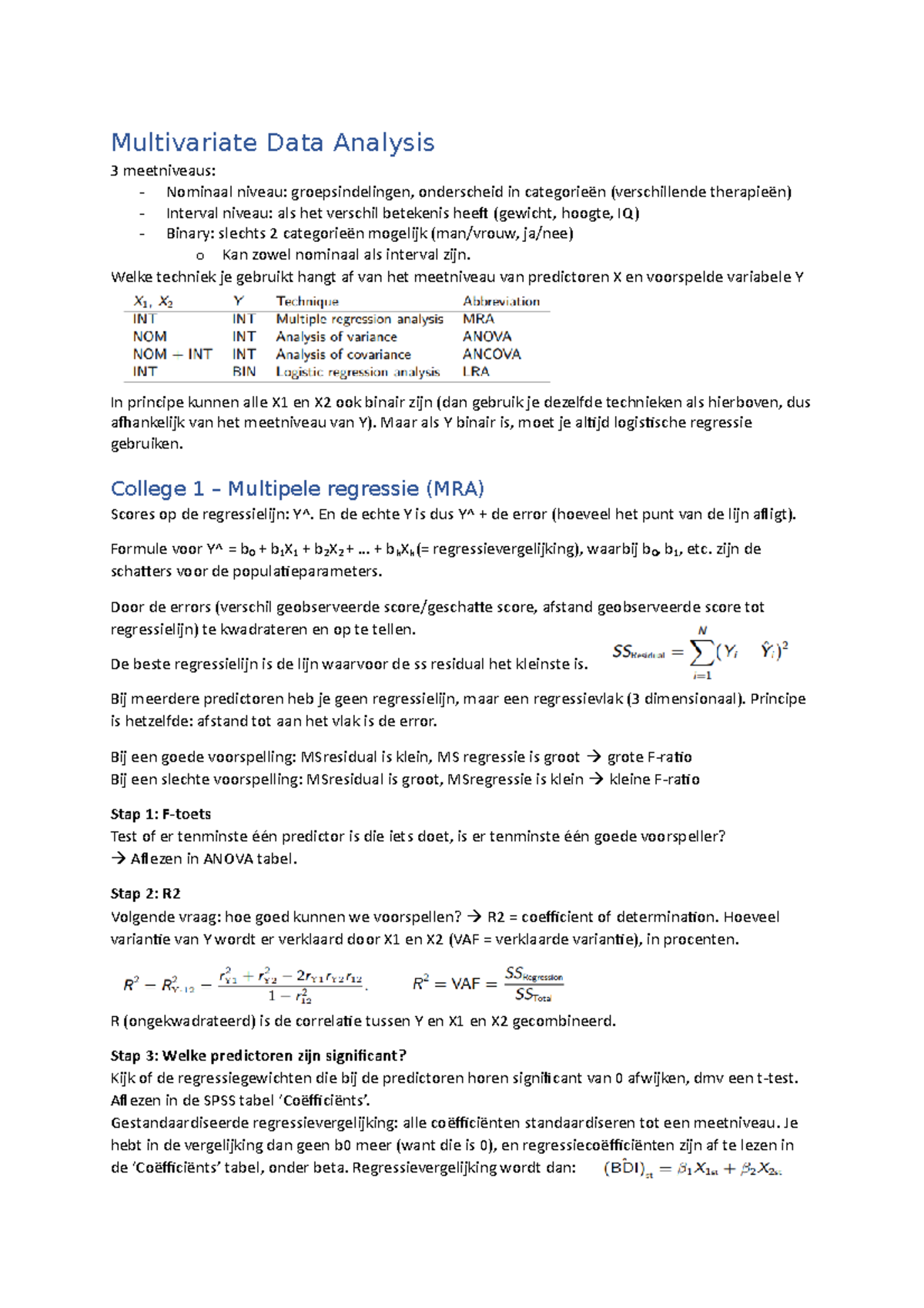 Samenvatting Multivariate Data Analyse - Colleges 1 & 2 (MVDA ...