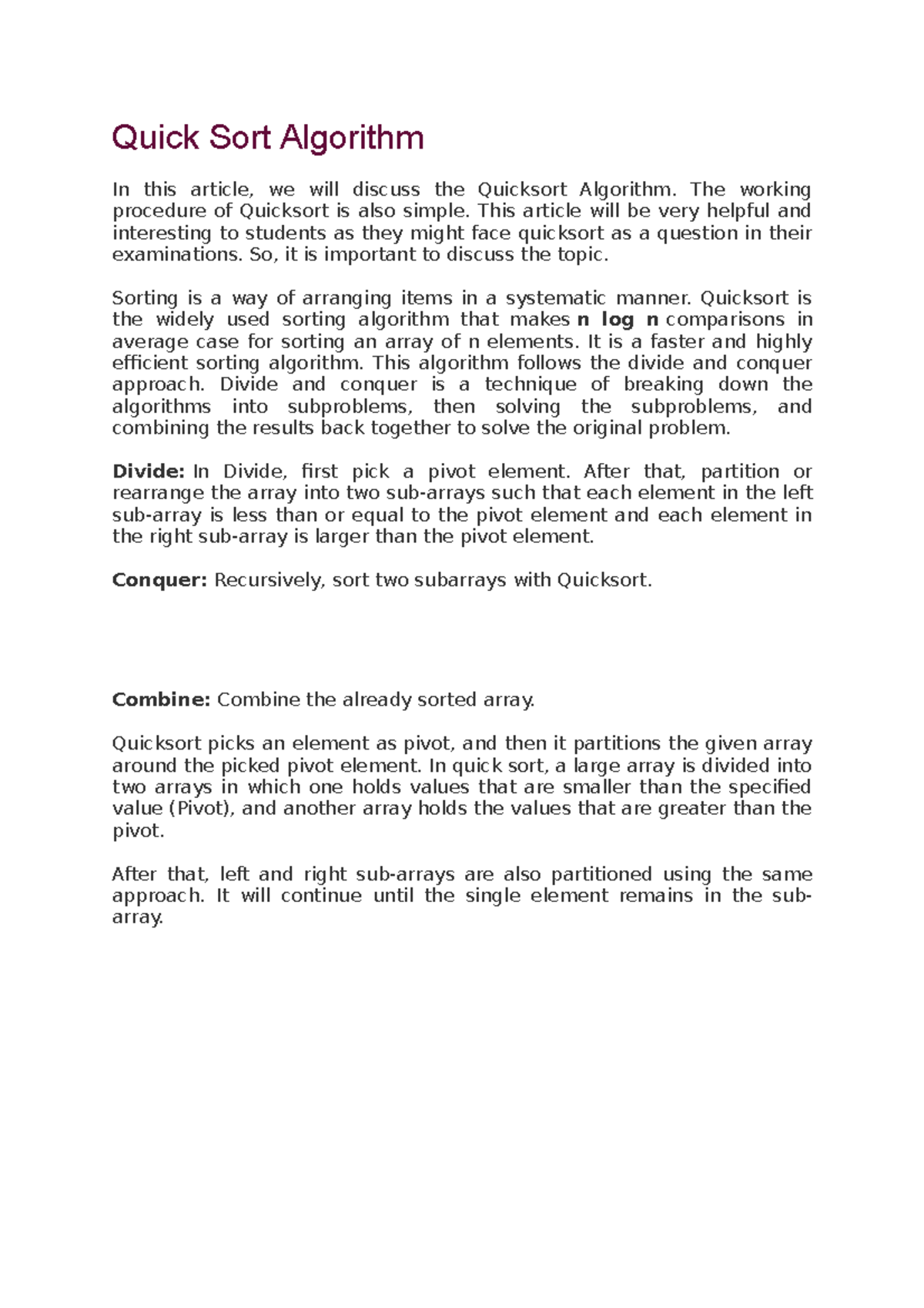 C++ Lecture Notes: Understanding the Quick Sort Algorithm - Studocu