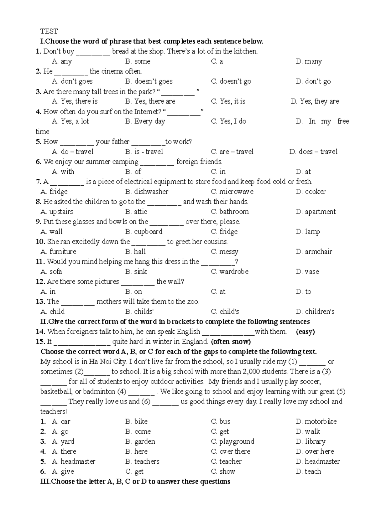 TEST I: Complete the Sentences and Word Forms - Studocu