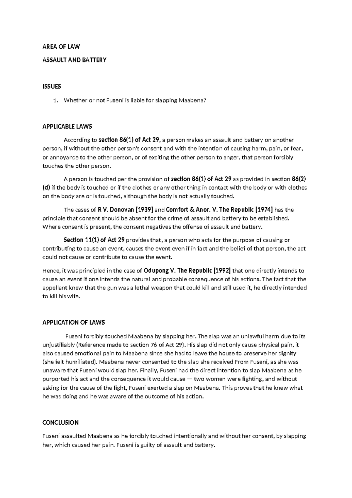 LAW 101: Assault and Battery Case Study Analysis - Studocu