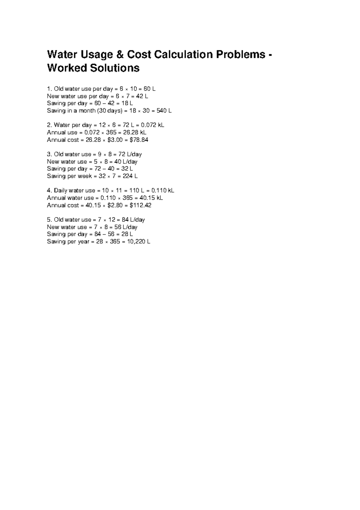 Water Usage Cost Calculation Problems - Measurement Questions - Studocu