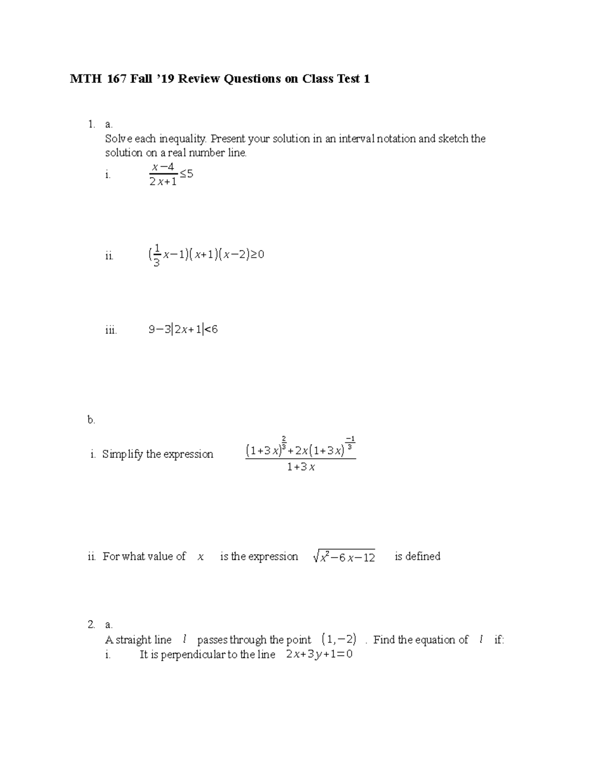Review Questions for Class Test 1 - MTH 167 Fall '19 - Studocu