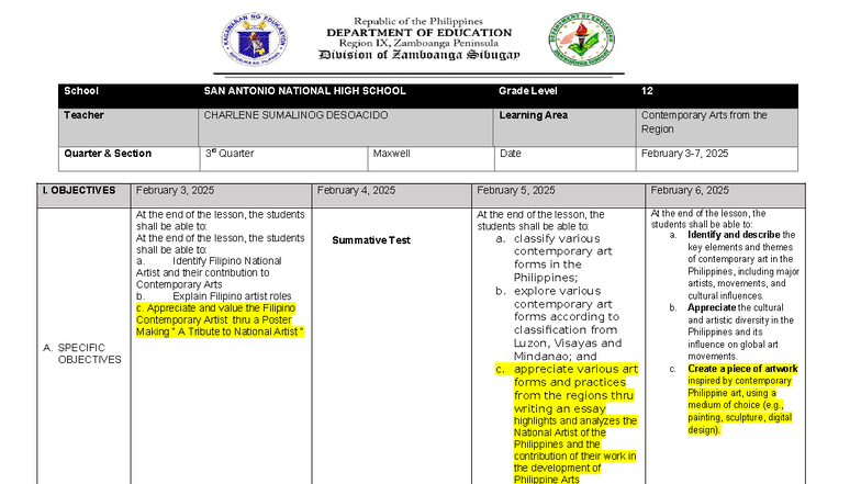 CPAR 20-24: Contemporary Arts Lesson Plan for Grade 12 - Studocu