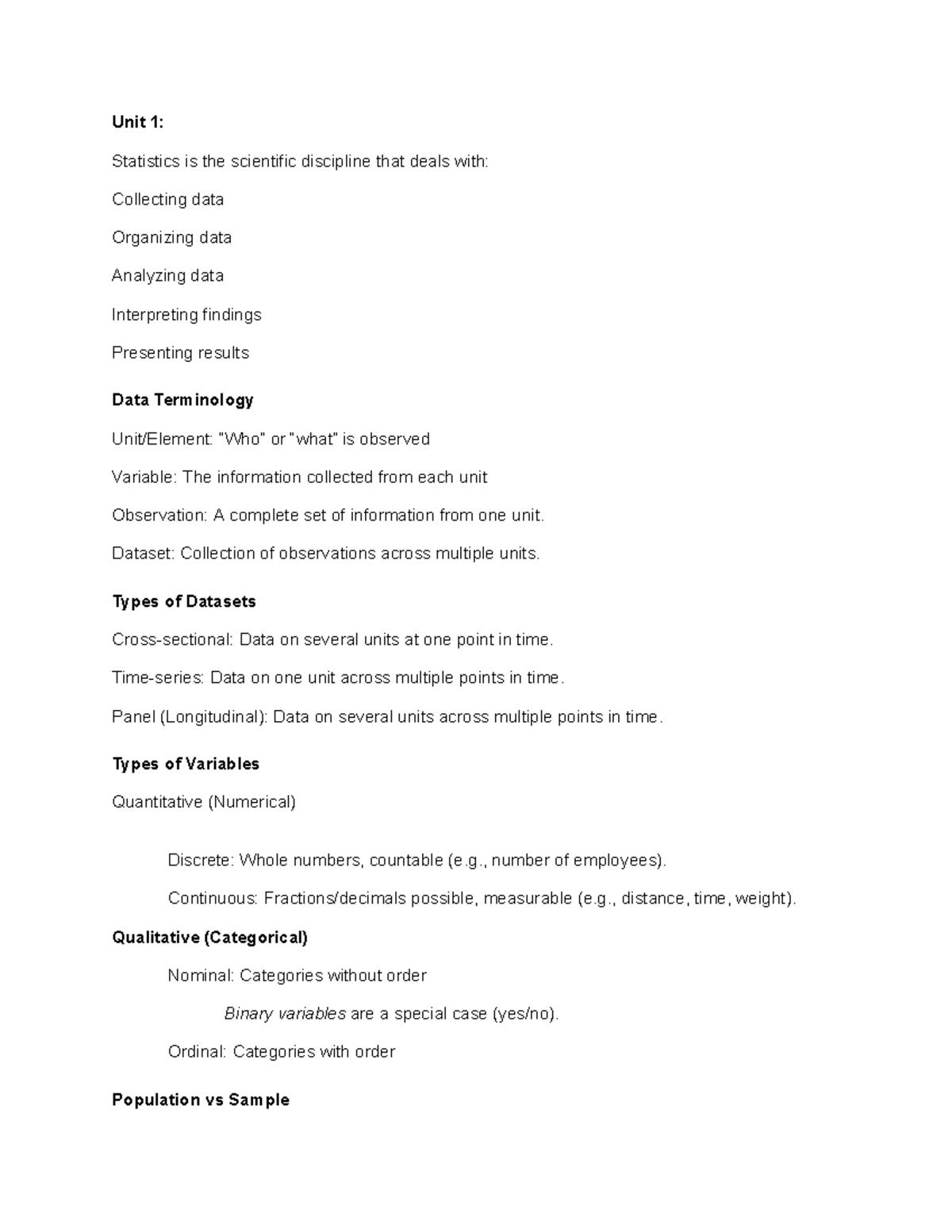 Exam 1 Notes for Statistics (Course Code: TBD) - Studocu