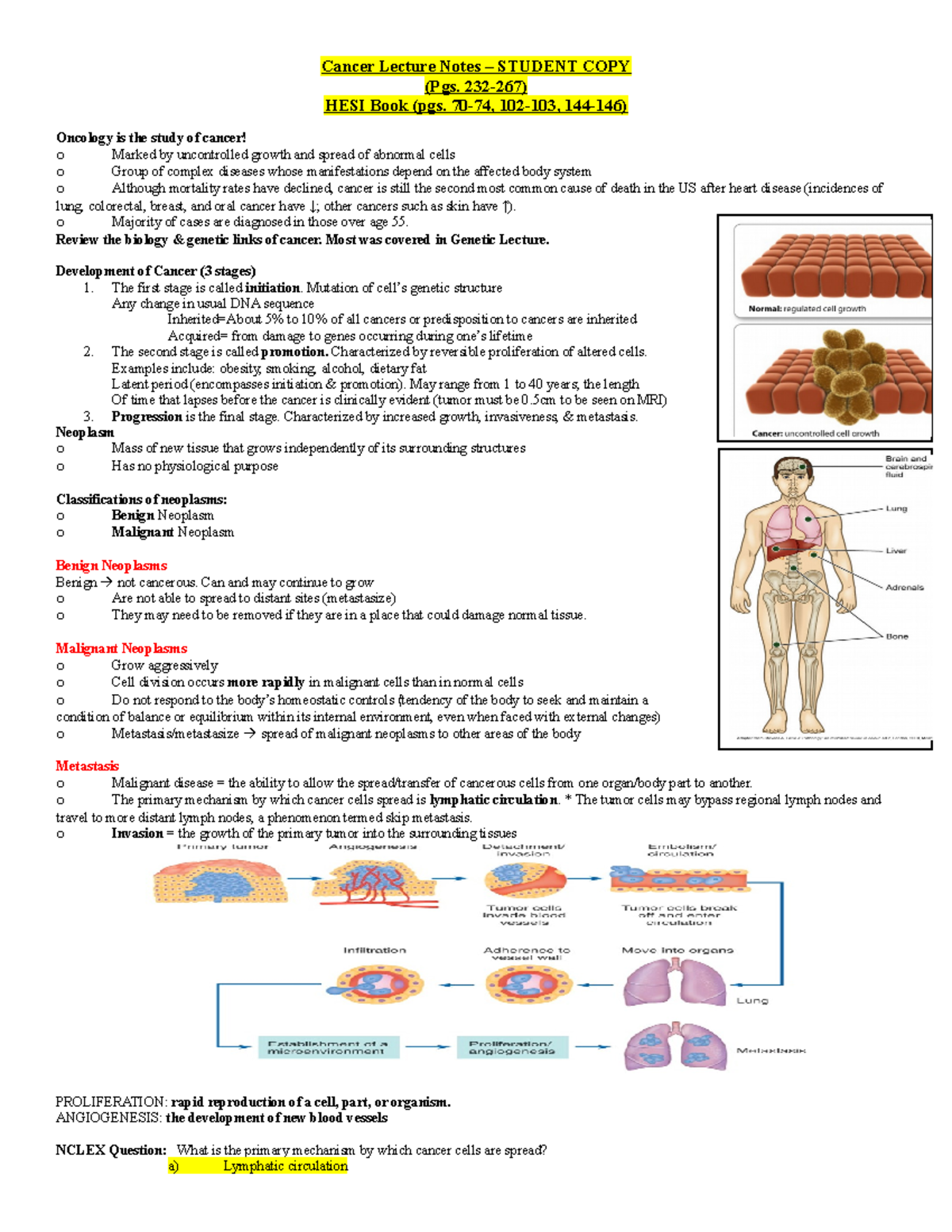 Cancer Lecture Notes - Detailed Overview and Key Concepts - Studocu