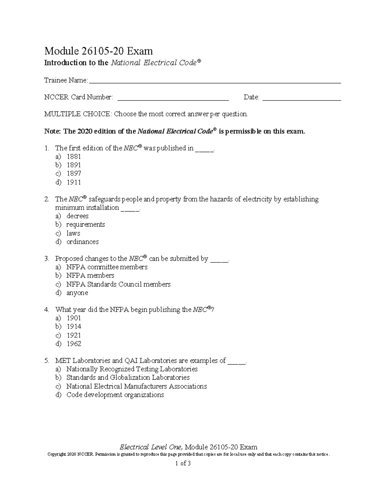 Electrical Level One Module Exam - NCCER 26105-20 - Studocu