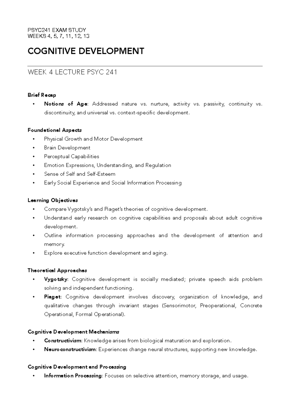 PSYC241 Final Exam Study Guide: Cognitive Development & Beyond - Studocu