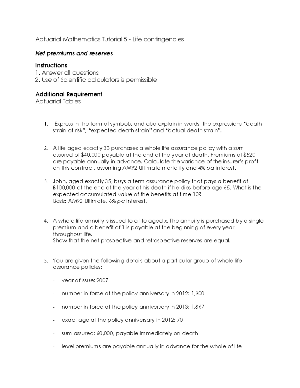 Actuarial Mathematics Tutorial 5: Life Contingencies Analysis - Studocu
