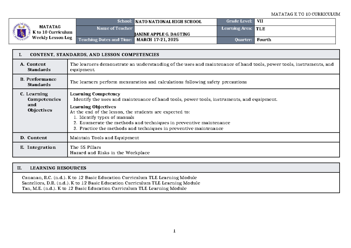 DLL Matatag TLE 7 Q4 W5 - MATATAG K to 10 Curriculum Weekly Lesson Log ...
