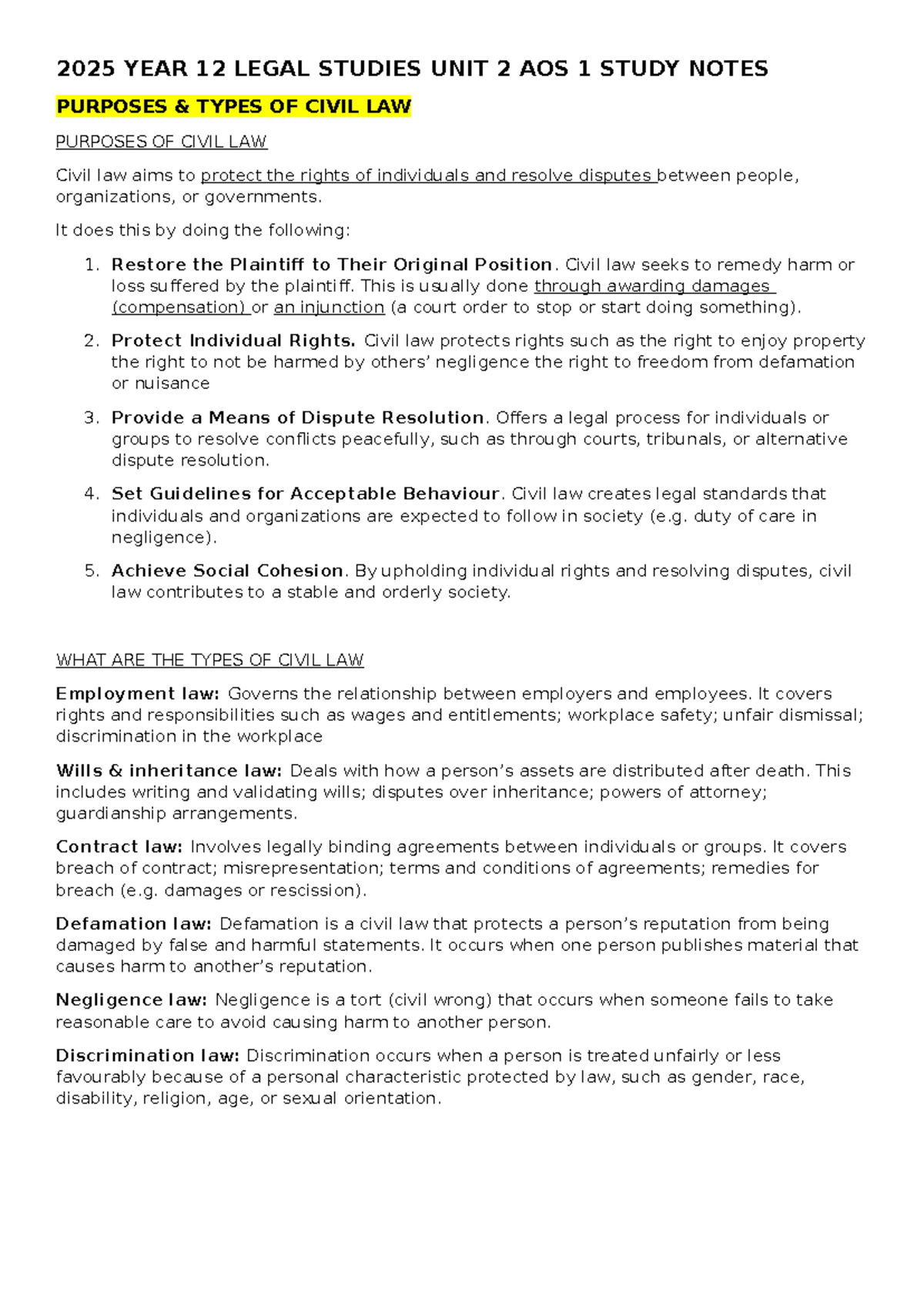 2025 YEAR 12 LEGAL STUDIES UNIT 2 AOS 1 CIVIL LAW STUDY NOTES - Studocu
