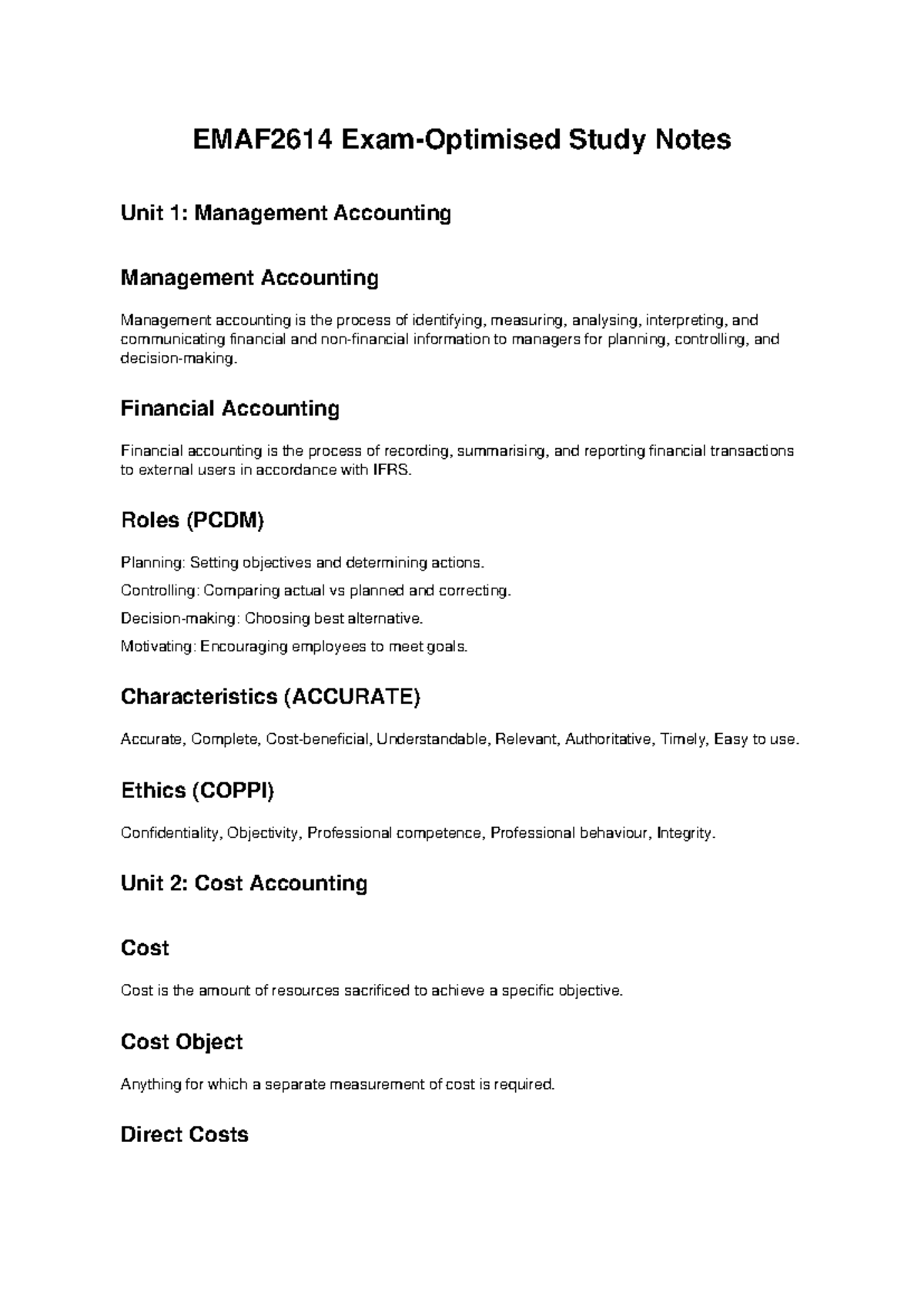 EMAF2614 Final Exam Study Notes: Management & Cost Accounting - Studocu