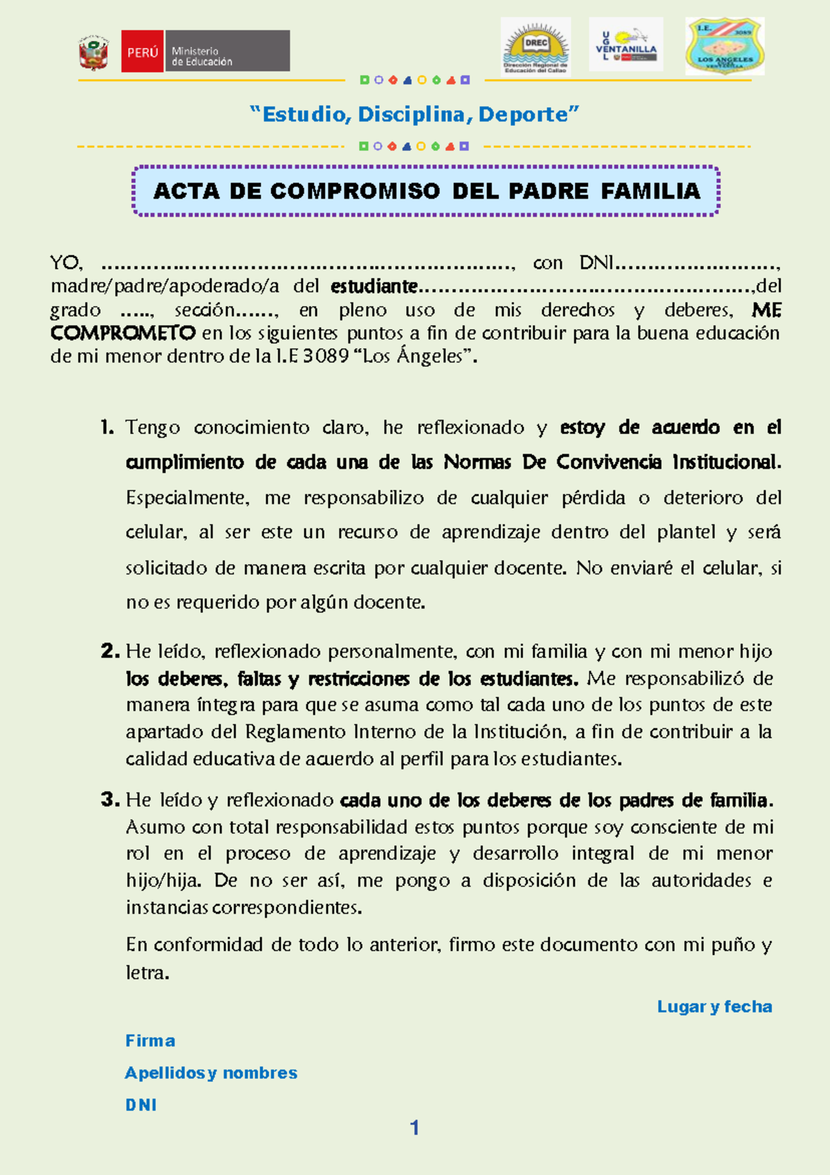 ACTA DE COMPROMISO DEL PADRE DE FAMILIA - I.E 3089 "Los Ángeles" - Document Preview