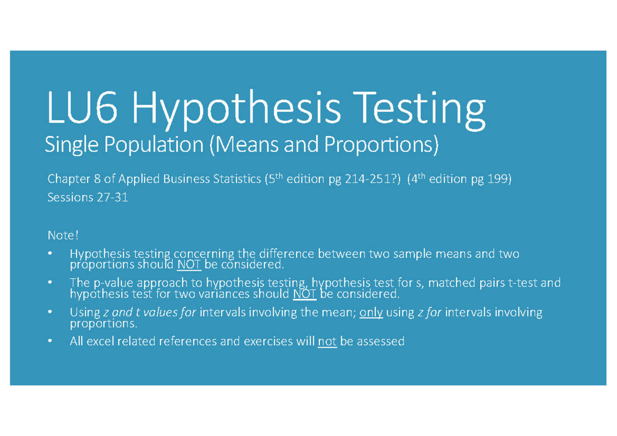 LU6 ch8 Hypothesis testing - LU6 Hypothesis Testing Single Population ...