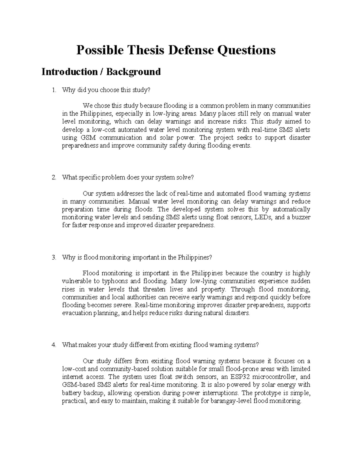 Thesis Defense Questions for Automated Flood Monitoring System (ENG 101 ...