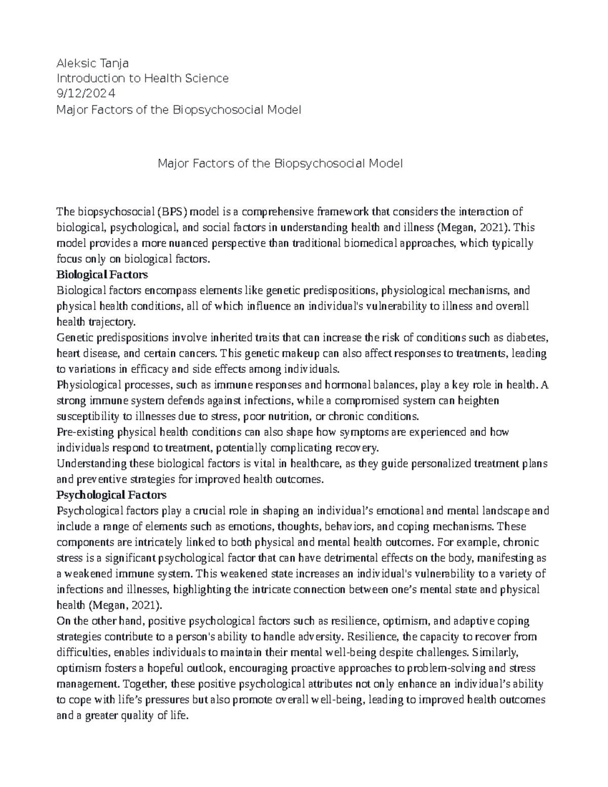 Health Science 101: Major Factors of the Biopsychosocial Model - Studocu