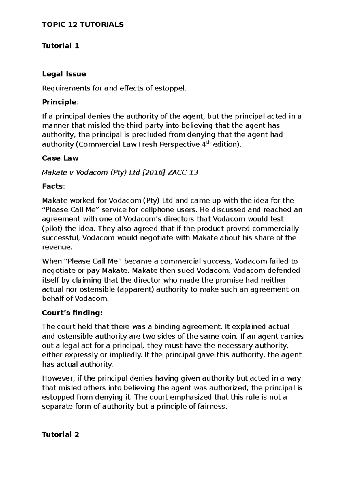 Topic 12 Assignment: Legal Issues in Estoppel and Authority - Studocu