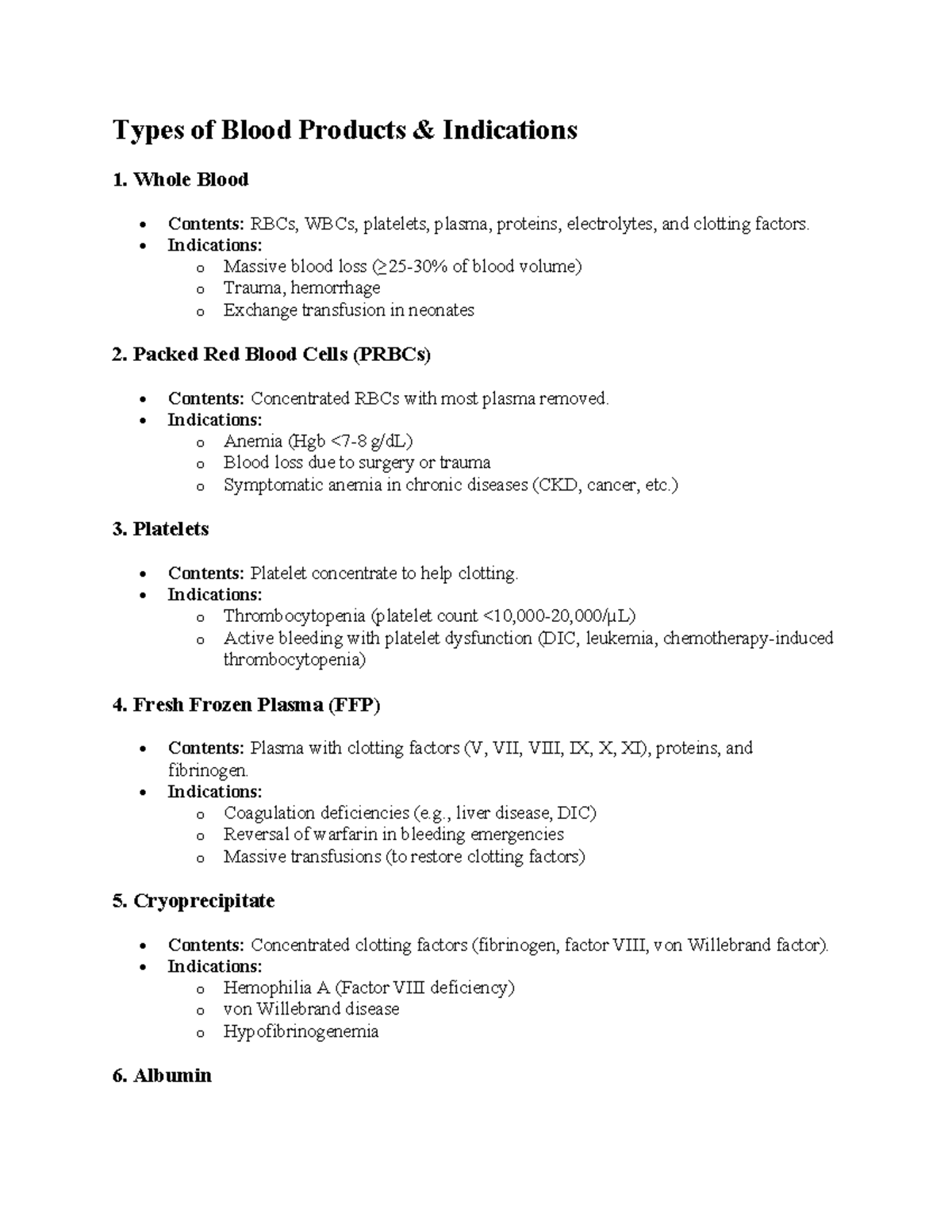 Med Surg Exam 2 - study guide exam 2 - Types of Blood Products ...