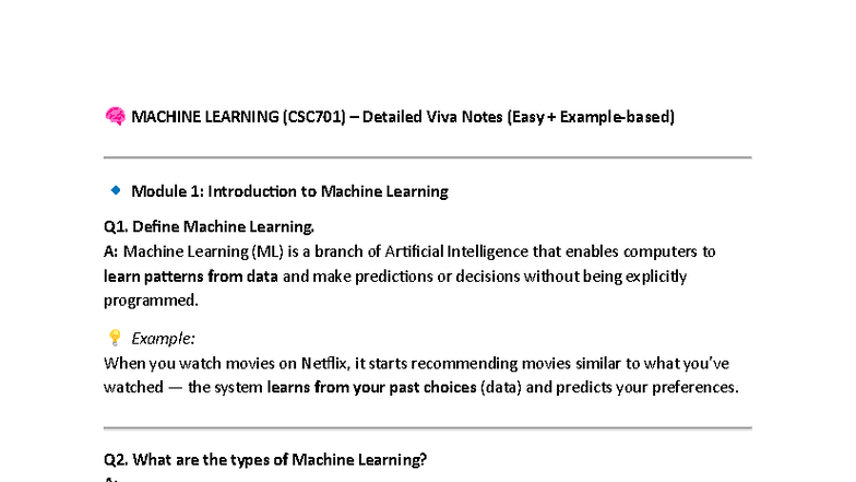 MACHINE LEARNING (CSC701) Detailed Viva Questions and Answers - Studocu