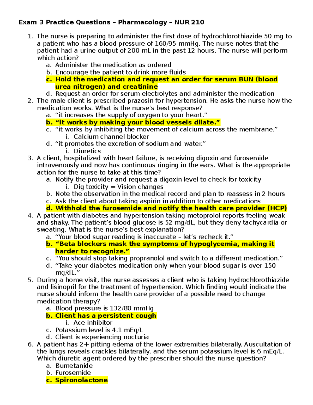 Exam 3 Practice Questions for Pharmacology - NUR 210 - Studocu