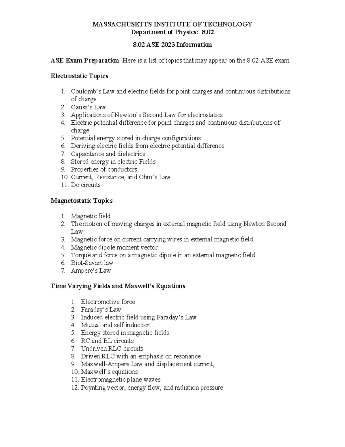 8.02 ASE Exam Prep: Key Topics in Electrostatics and Magnetism - Studocu