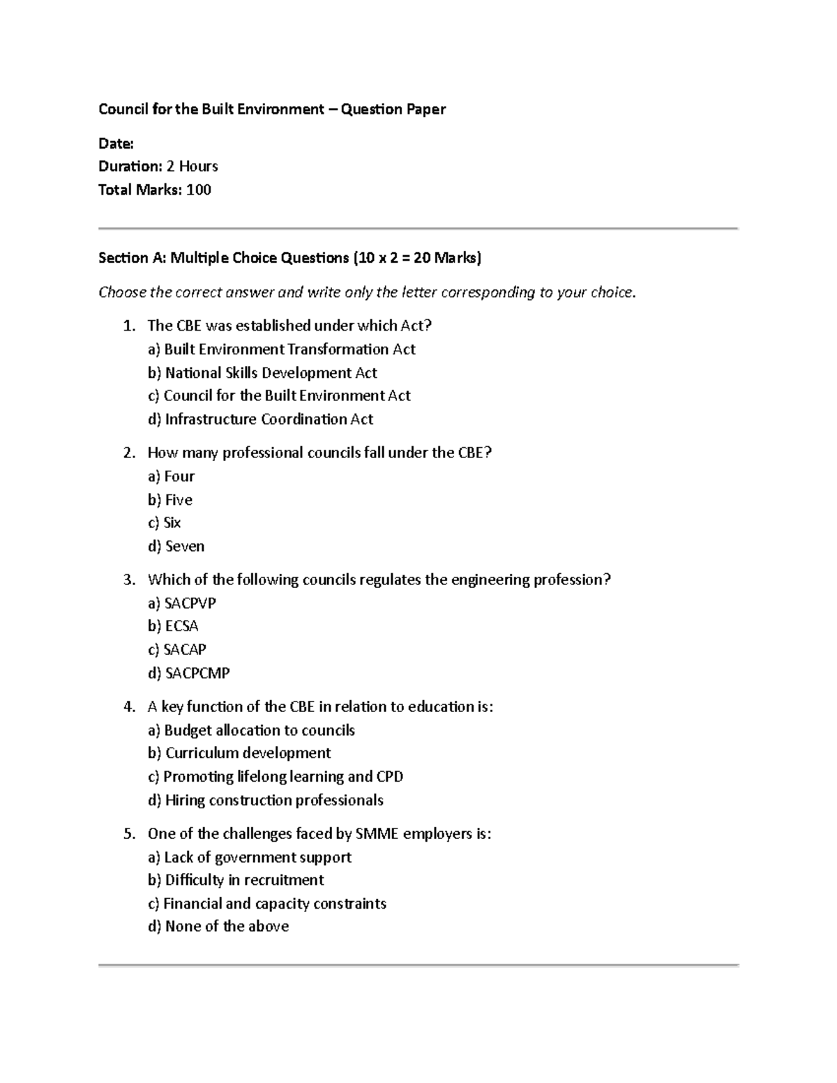 CBE 101: Council for the Built Environment Question Paper Prep - Studocu