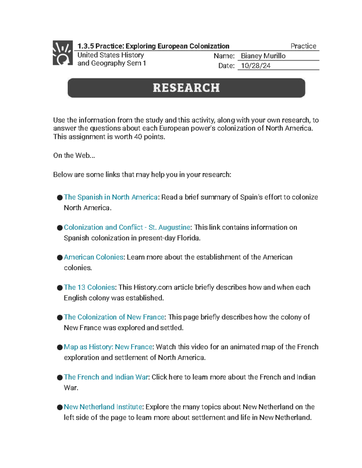 1.3.5 Practice - Analyzing European Colonization in North America - Studocu
