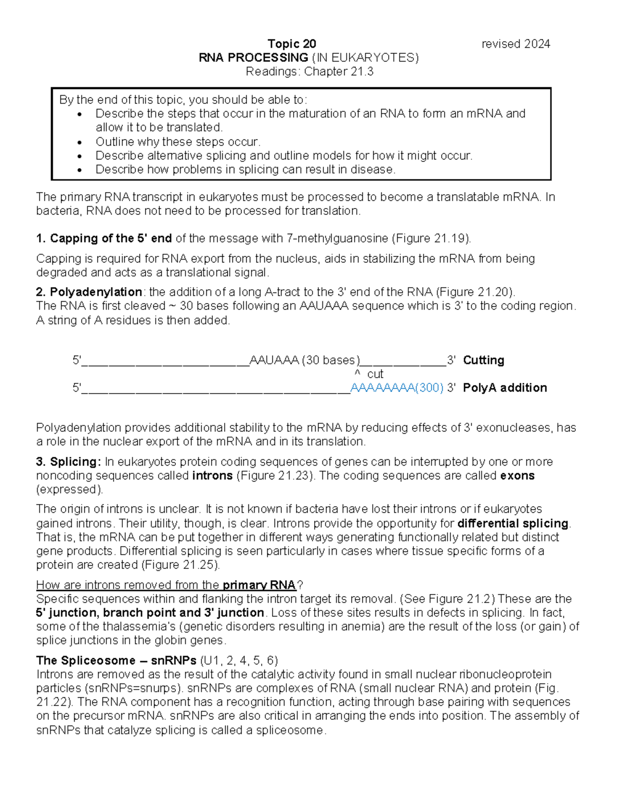 Topic 20 Lecture Notes: RNA Processing in Eukaryotes (2024) - Studocu