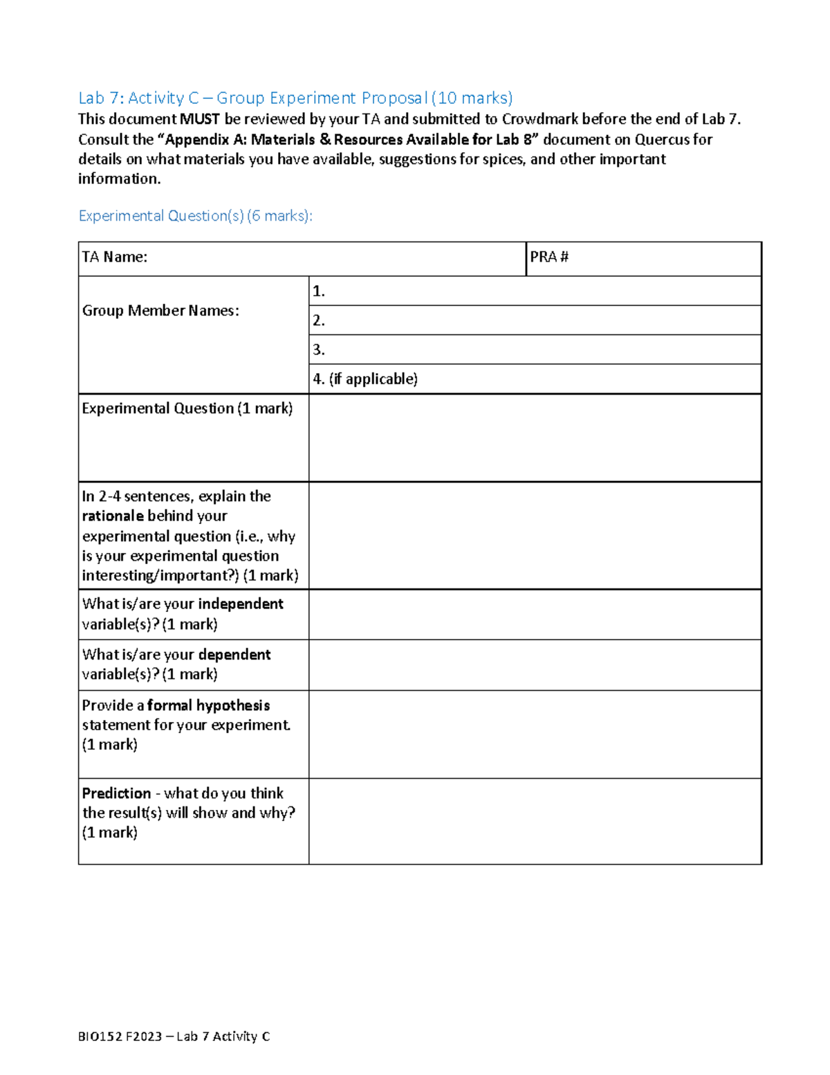 BIO152 F2023 Lab 7 Activity C - Group Experiment Proposal Template ...