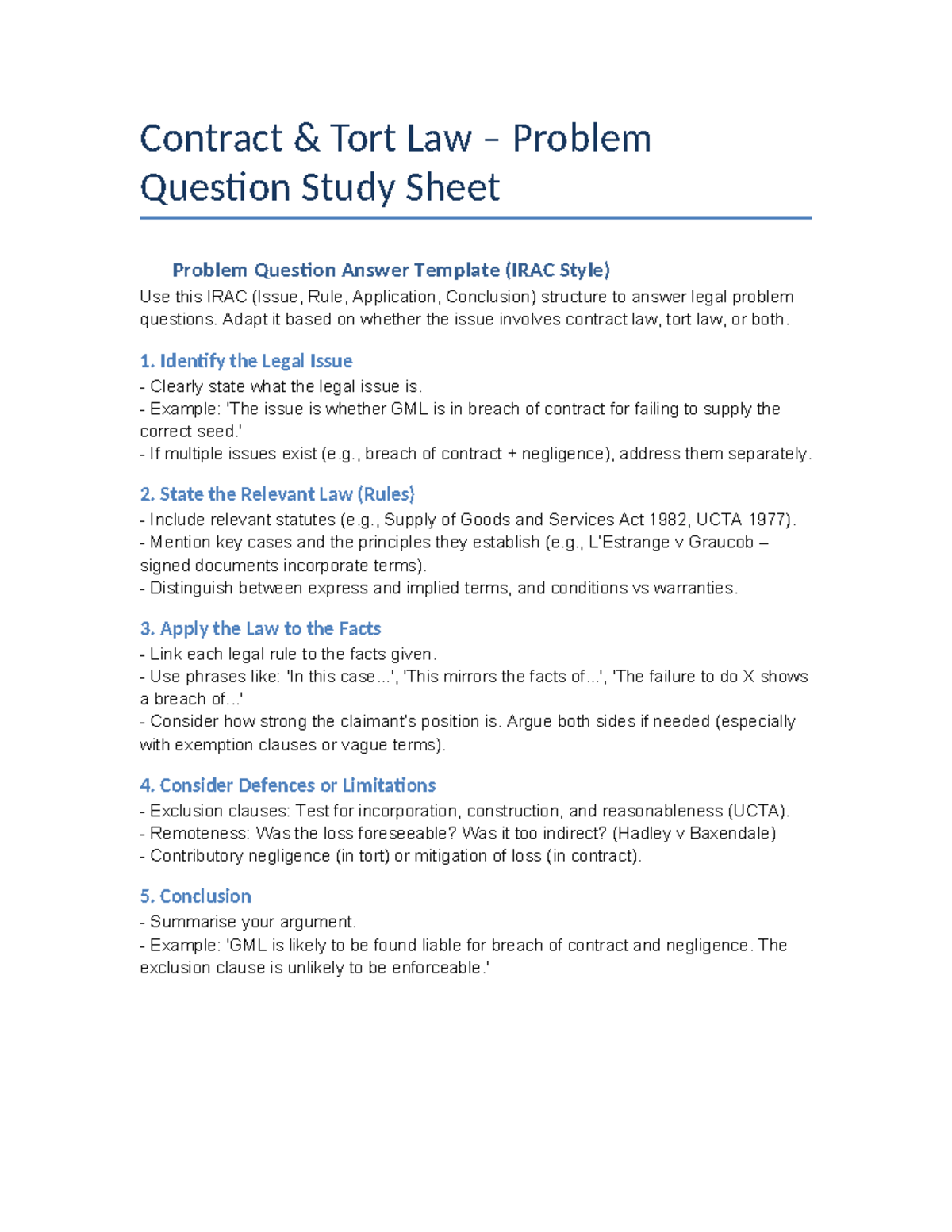 Contract & Tort Law Problem Question Study Sheet (IRAC Method) - Studocu