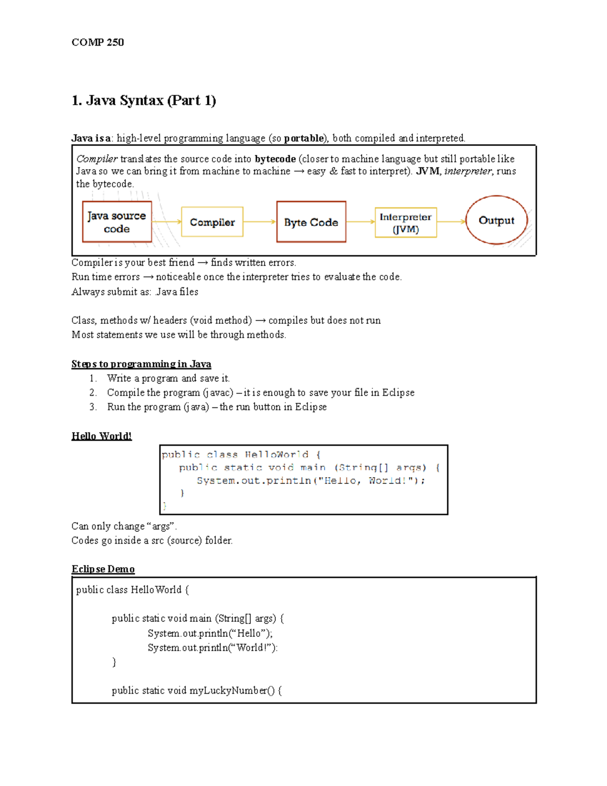 COMP250 - Java Syntax Overview and Key Concepts (Part 1) - Studocu