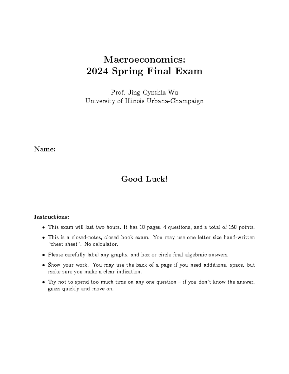 2024 Spring Final Exam: Macroeconomics 501 - Prof. Wu - Studocu