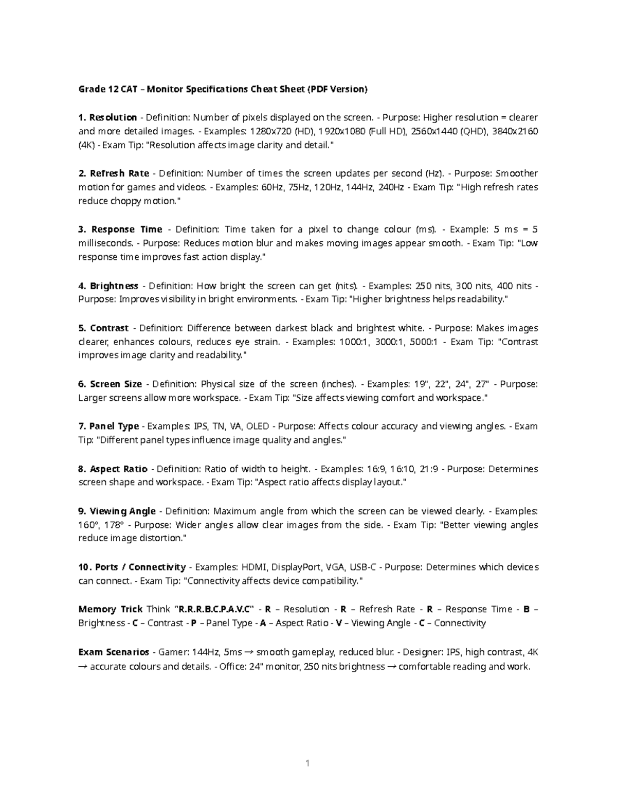 Grade 12 CAT Monitor Specs Cheat Sheet: Key Features & Tips - Studocu