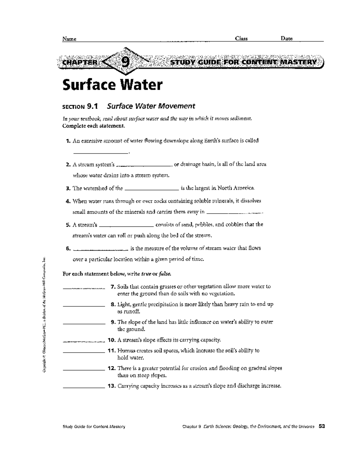 CH. 9 & 10 STUDY GUIDE FOR CONTENT MASTERY: Surface Water & Groundwater ...
