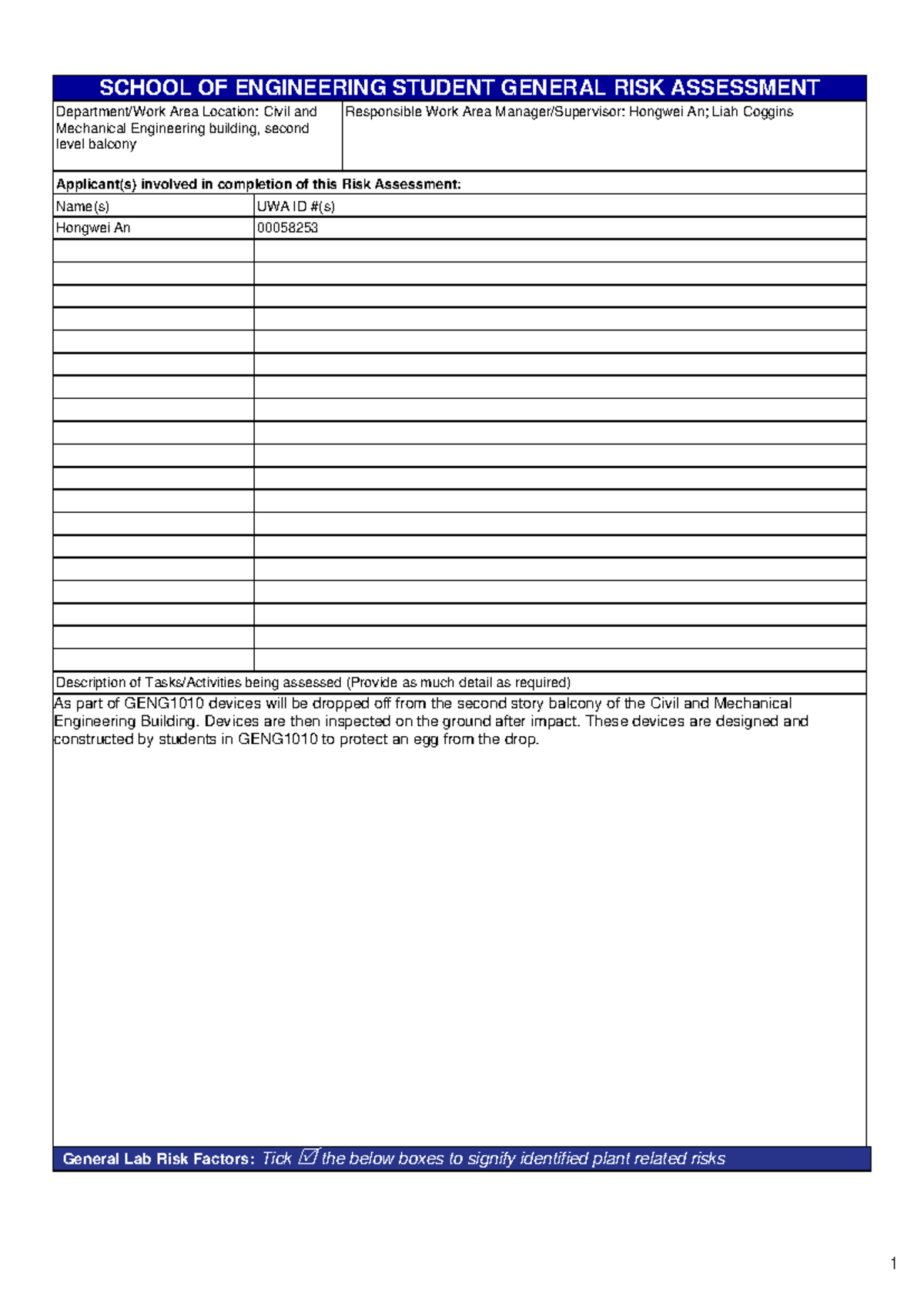 GENG1010 Risk Assessment for Civil & Mechanical Engineering Drop Test ...