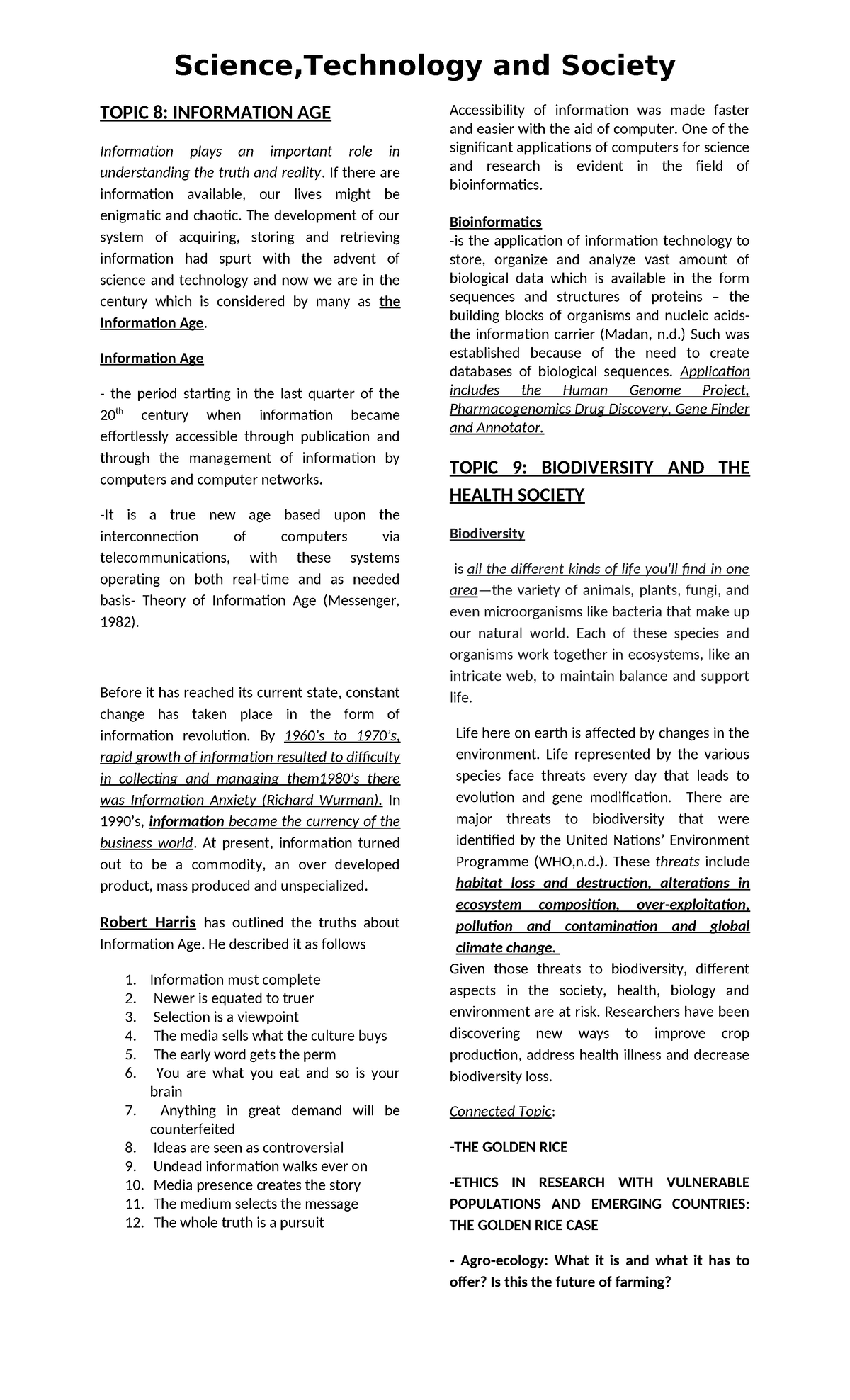STS- Reviewer - Final Exam: Information Age, Biodiversity & Climate ...