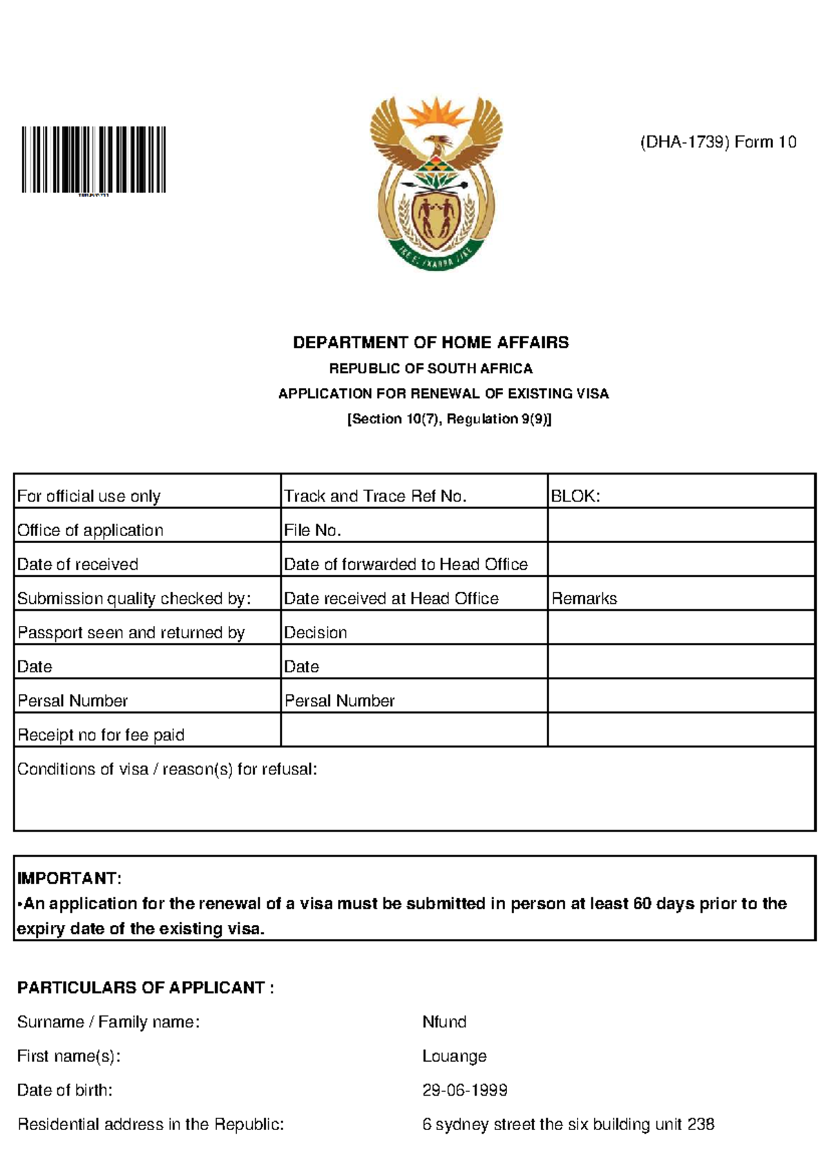 Application for Renewal of Existing Visa - Form 10 (CPUT) - Studocu