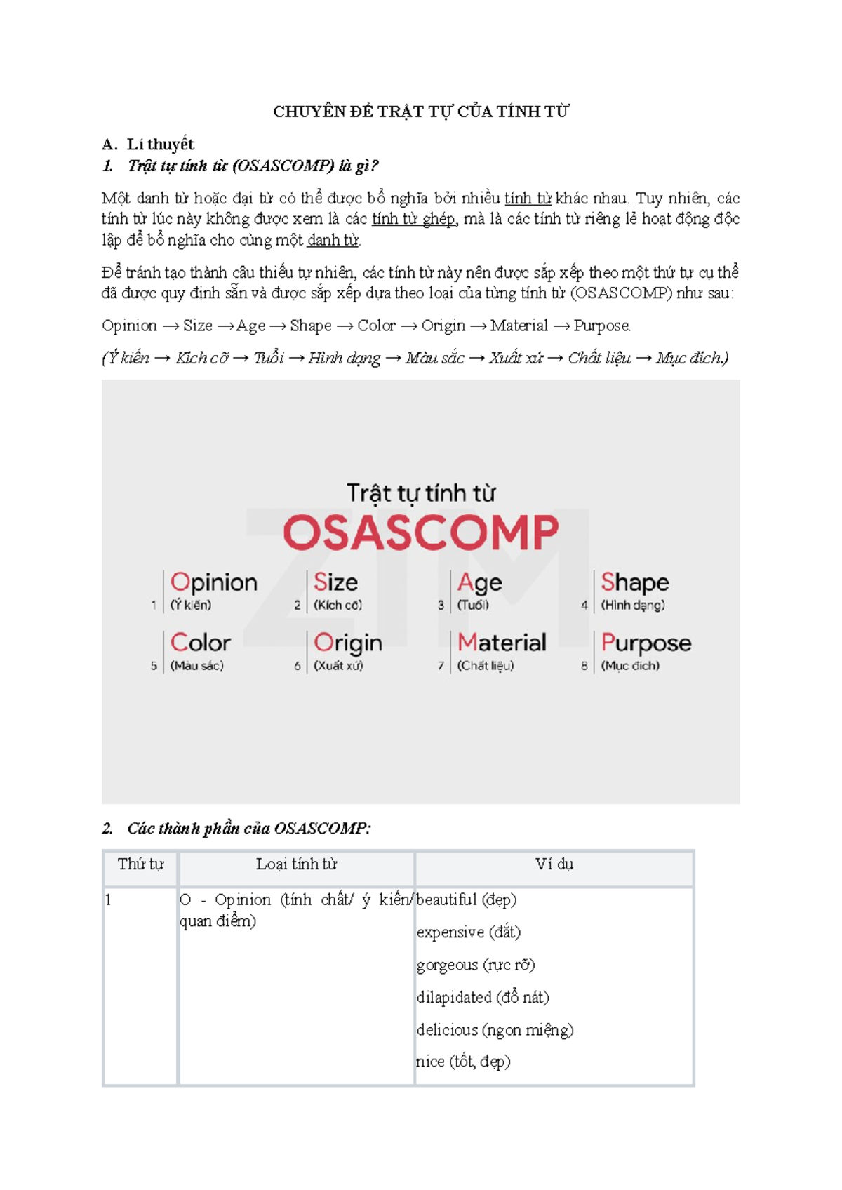 CHUYÊN ĐỀ TRẬT TỰ TÍNH TỪ (OSASCOMP) VÀ BÀI TẬP THỰC HÀNH - Studocu