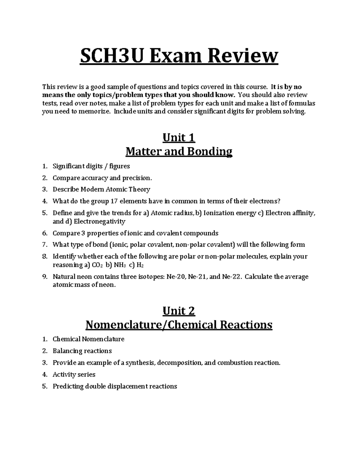 SCH3U Final Exam Review: Key Topics and Questions - Studocu